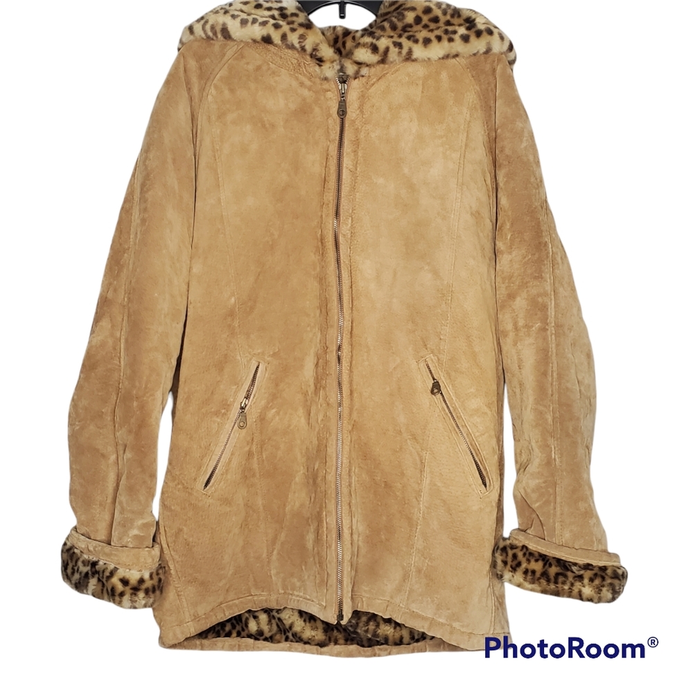 Vintage J. Percy for Marvin Richards genuine suede leopard faux fur lining large